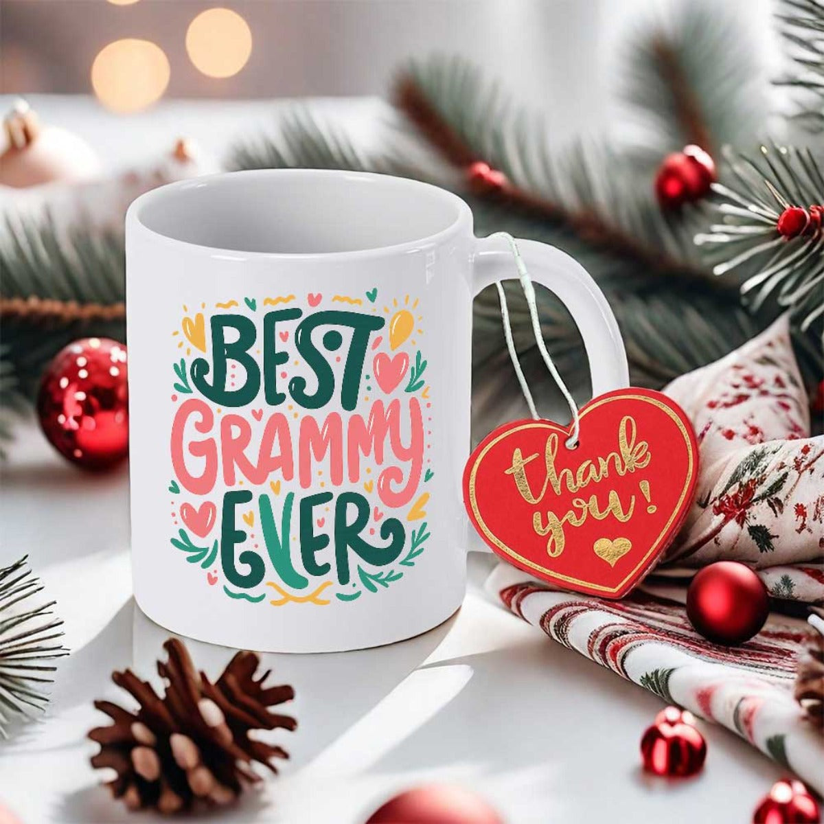 Tailorly White Ceramic 11 oz Mug - Best Grammy Ever Artistic Colorful Handlettering Surrounded By Playful Hearts And Decorative Floral Accents Mug