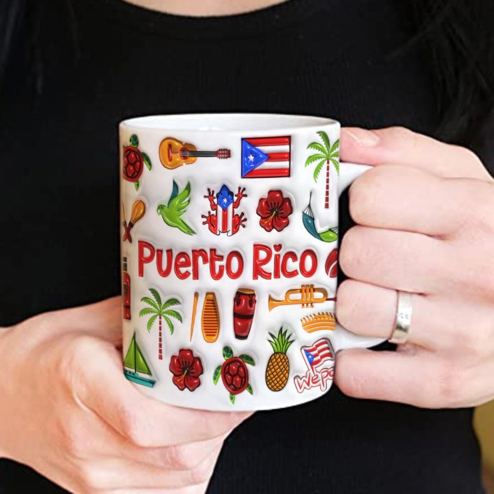 Tailorly White Ceramic 11 oz Mug - Puerto Rico Vibrant Tropical Cultural Icons Featuring Palm Trees And Musical Instruments Illustration