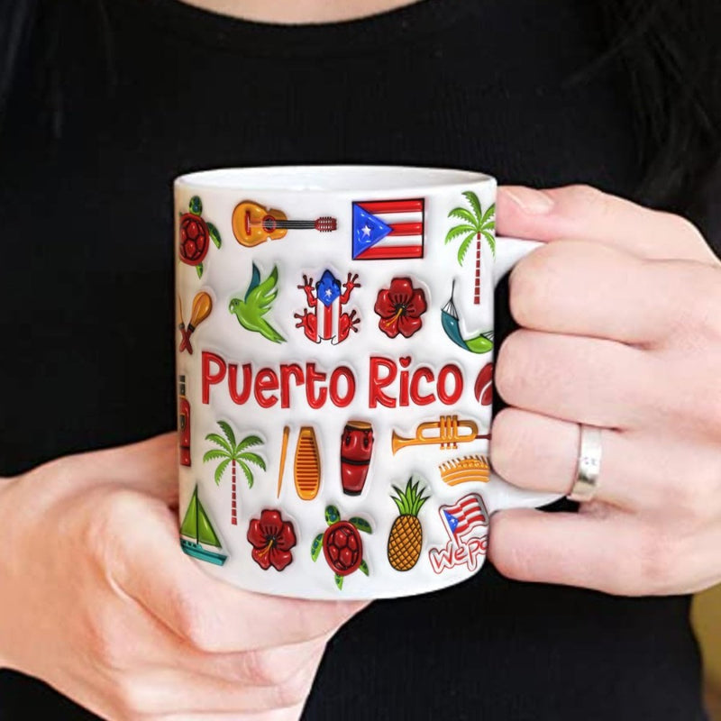 Tailorly White Ceramic 11 oz Mug - Puerto Rico Vibrant Tropical Cultural Icons Featuring Palm Trees And Musical Instruments Illustration