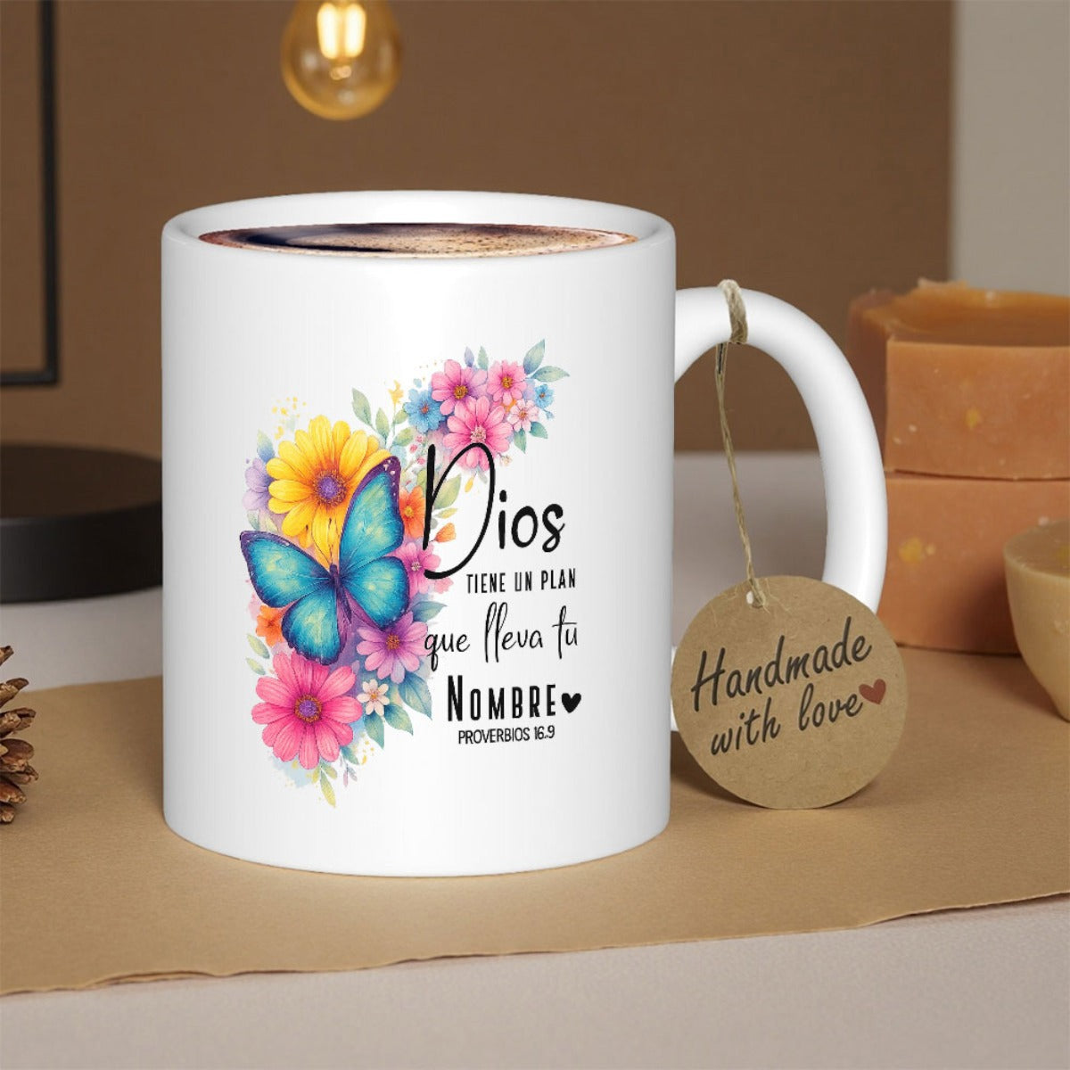 Tailorly White Ceramic 11 oz Mug - Vibrant Blue Winged Creature Among Colorful Blooming Spring Garden Flowers Butterfly