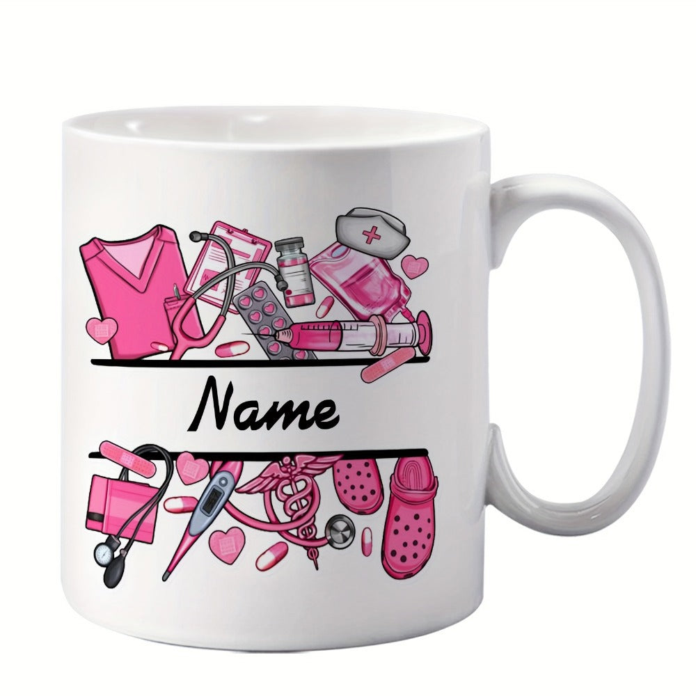 Tailorly White Ceramic 11 oz Mug - Name Pink Nursing Supplies Featuring Stethoscope Scrubs Thermometer And Medicine Bottles Mug