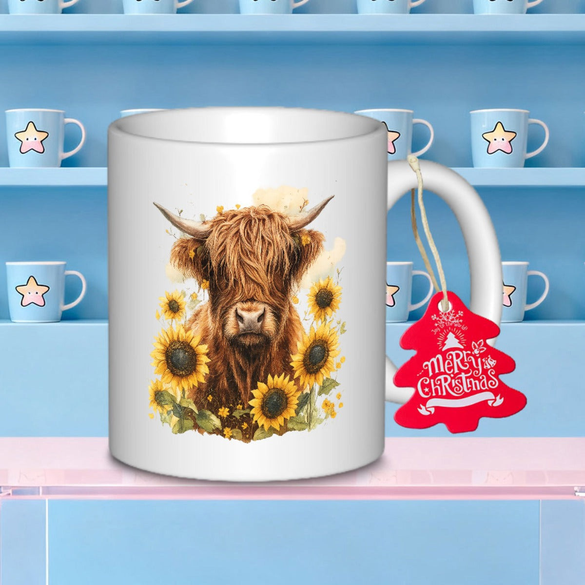 Tailorly White Ceramic 11 oz Mug - Merry Christmas Majestic Brown Highland Cow Amidst Vibrant Yellow Sunflowers Under Warm Light Cow