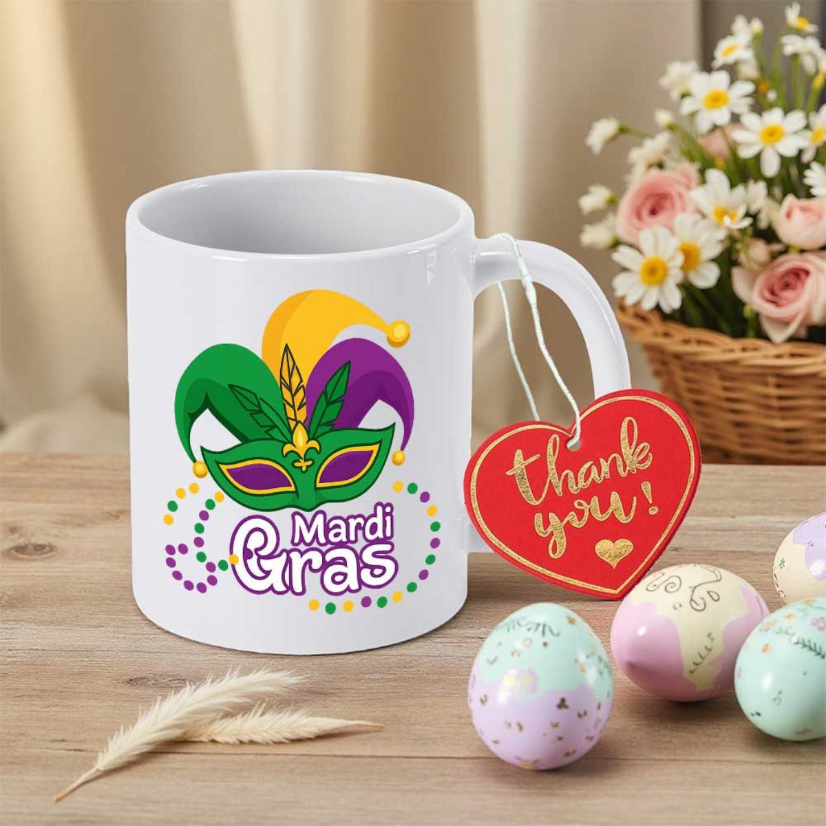 Tailorly White Ceramic 11 oz Mug - Mardi Gras Festive Colorful Venetian Jester Mask With Decorative Traditional Beads Mask