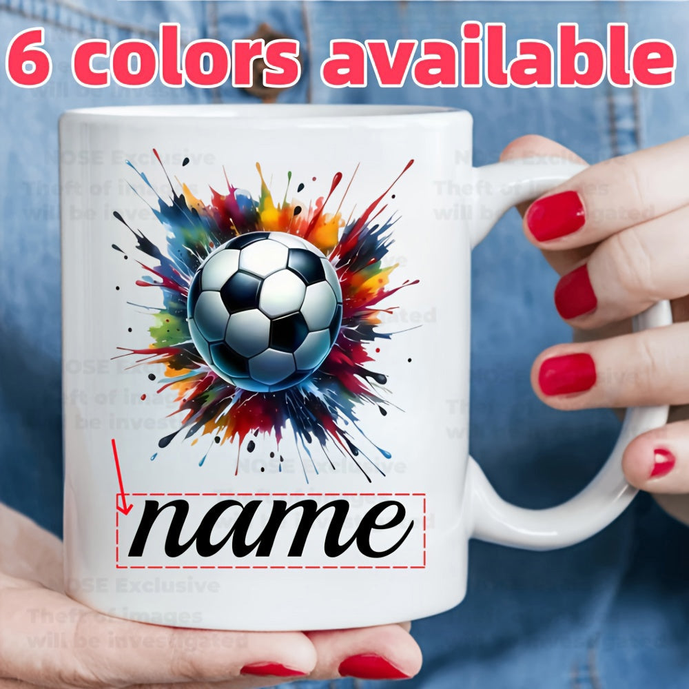 Tailorly White Ceramic 11 oz Mug - Name Vibrant Colorful Paint Splatter Background Behind A Realistic Classic Sporty Soccer Ball
