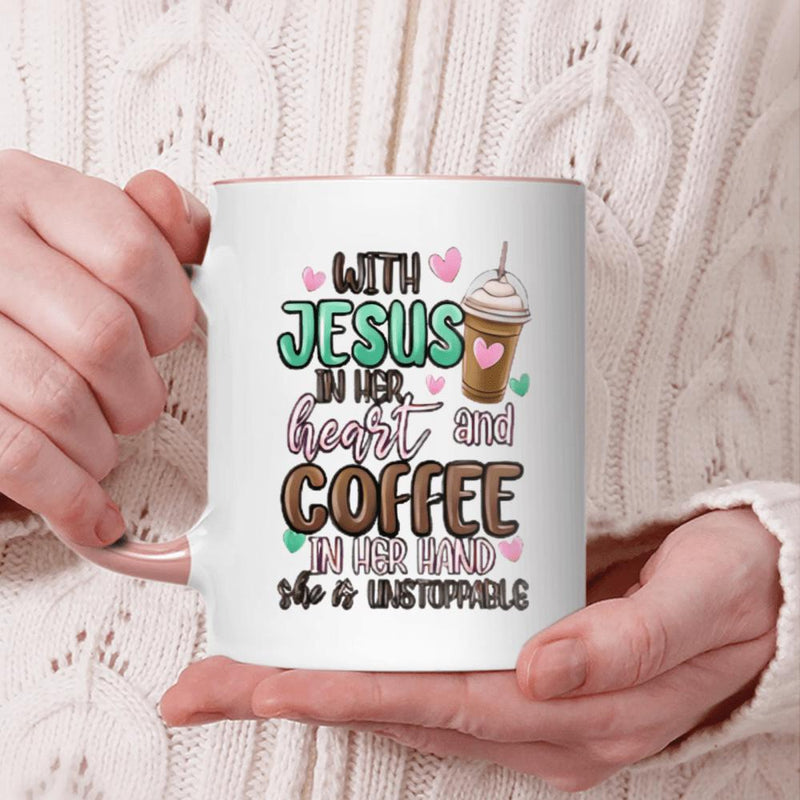 Tailorly White Ceramic 11 oz Mug - With Jesus In Her Heart And Coffee In Her Hand She Is Unstoppable Iced Coffee Cup With Whipped Cream Surrounded By Pink Hearts