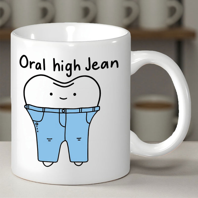 Tailorly White Ceramic 11 oz Mug - Oral High Jean Happy Smiling Cartoon Character Wearing Blue Denim Jeans Trousers Tooth