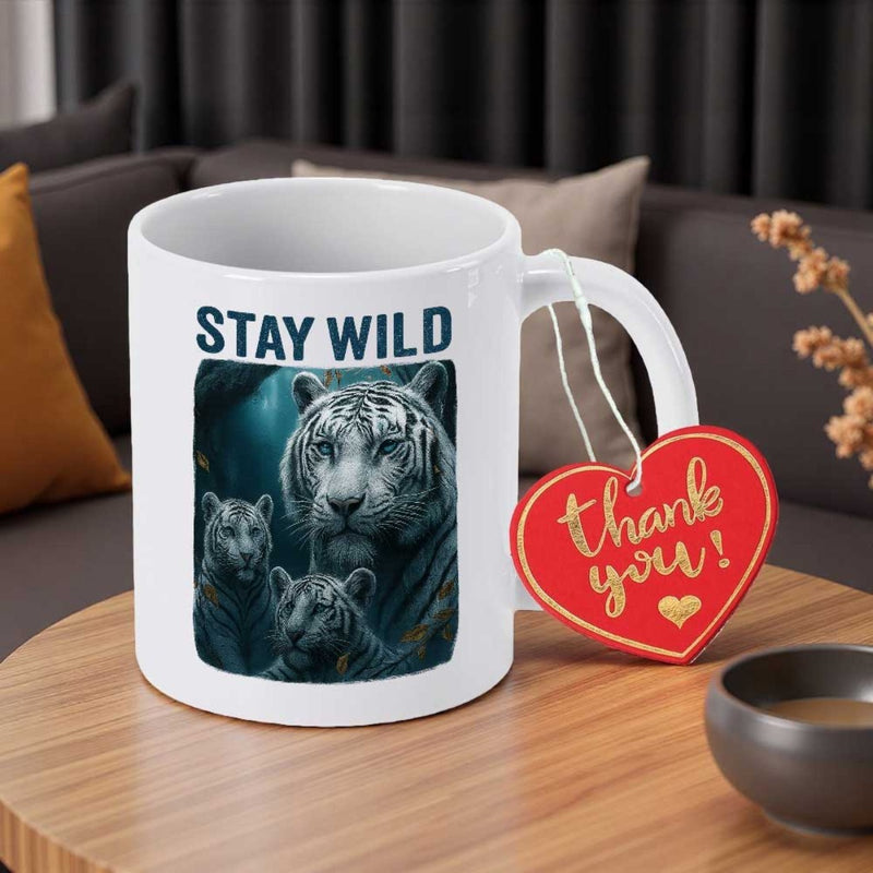 Tailorly White Ceramic 11 oz Mug - Stay Wild Majestic White Tigers Hiding Within Deep Jungle Shadows With Cubs Tiger