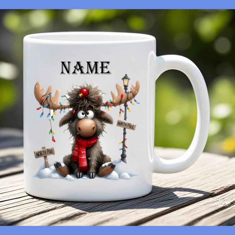 Tailorly White Ceramic 11 oz Mug - Name Festive Shaggy Brown Animal Wearing Red Scarf Among Snowy Ground And Glowing Streetlight Moose
