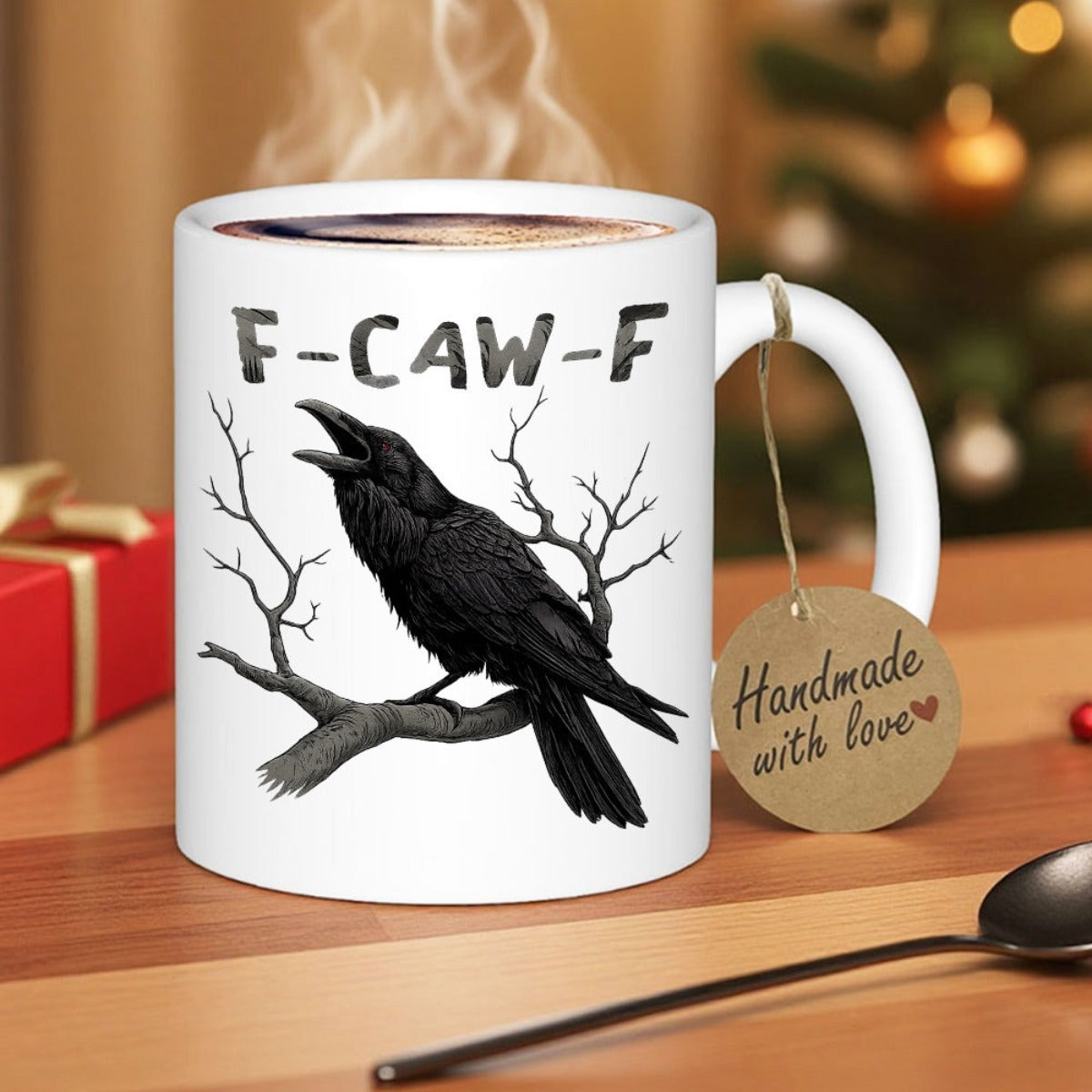 Tailorly White Ceramic 11 oz Mug - F CAW F Dark Majestic Bird Perched On Withered Branches Of Winter Tree Raven
