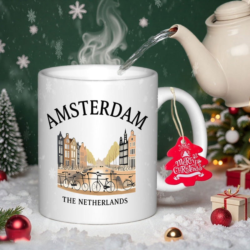 Tailorly White Ceramic 11 oz Mug - Amsterdam The Netherlands Historic Canal Houses With Bicycles Parked Along The Scenic Urban Cityscape