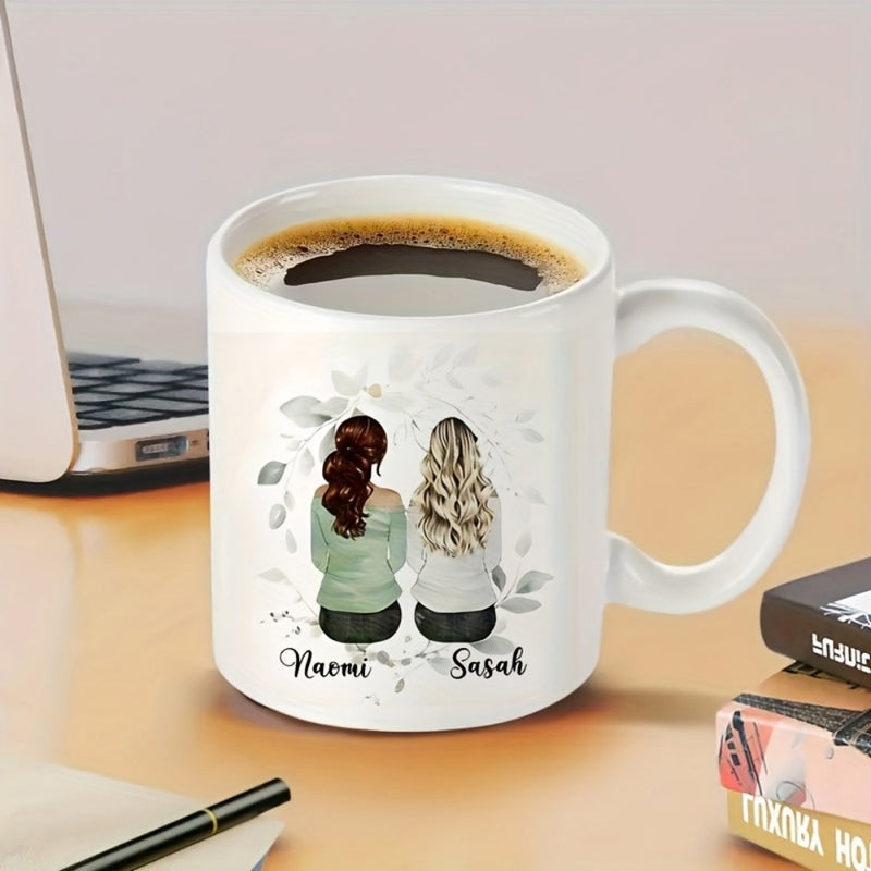 Tailorly White Ceramic 11 oz Mug - Naomi Sarah Two Friends Sitting Together Surrounded By Delicate Grey Leaves And Soft Floral Accents Illustration
