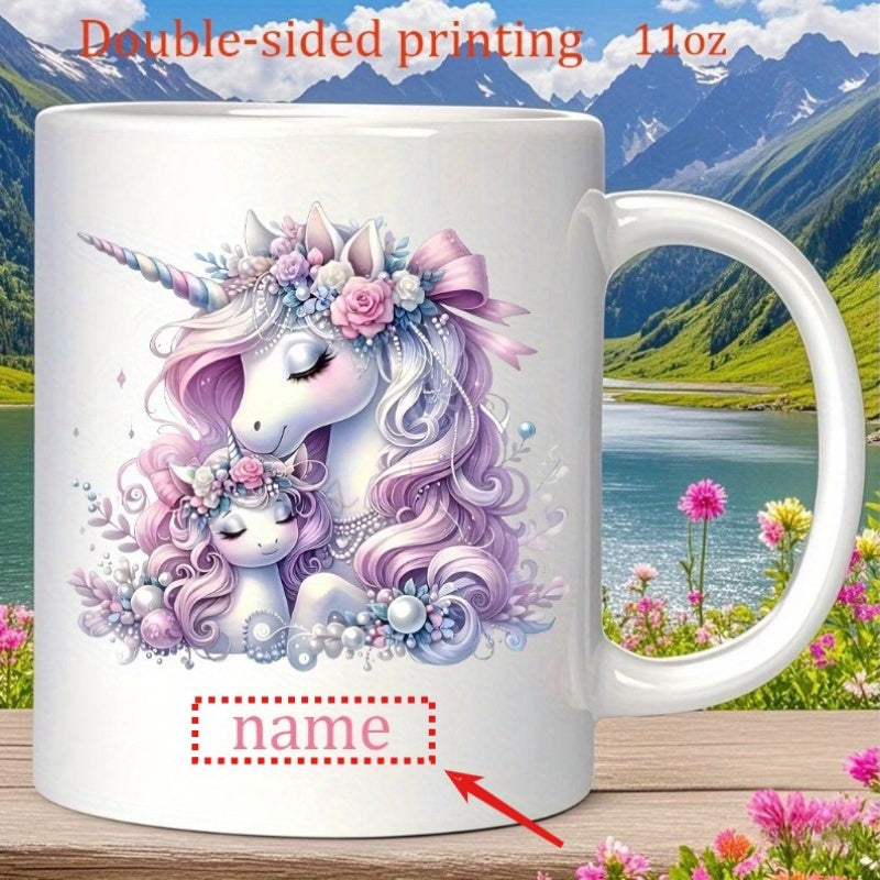 Tailorly White Ceramic 11 oz Mug - Name Majestic Mother And Baby With Flowing Pink Floral Hair Unicorn