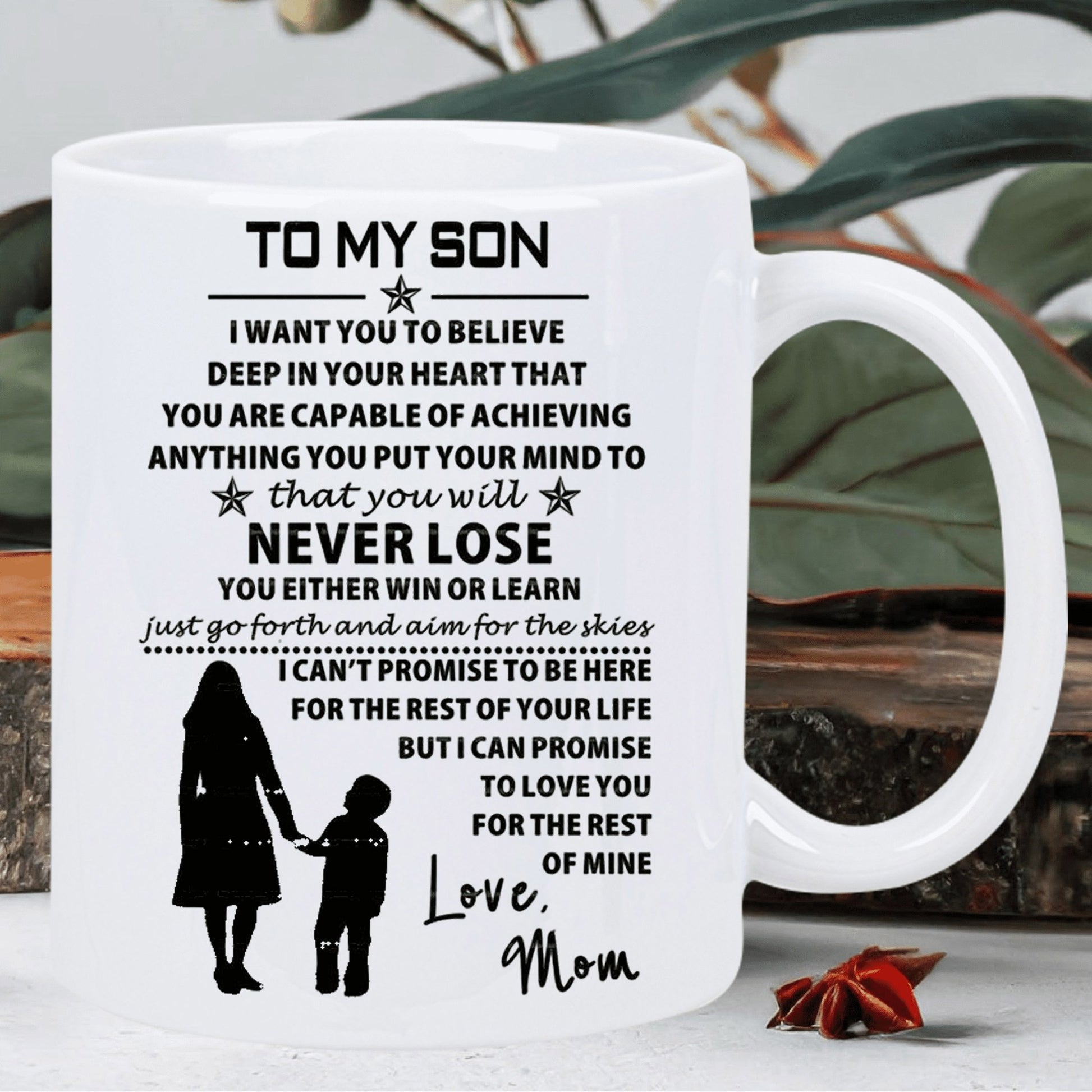Tailorly White Ceramic 11 oz Mug - To My Son Never Lose Love Mom Standing Hand In Hand Under Inspirational Message Silhouette Of Mother And Young Son