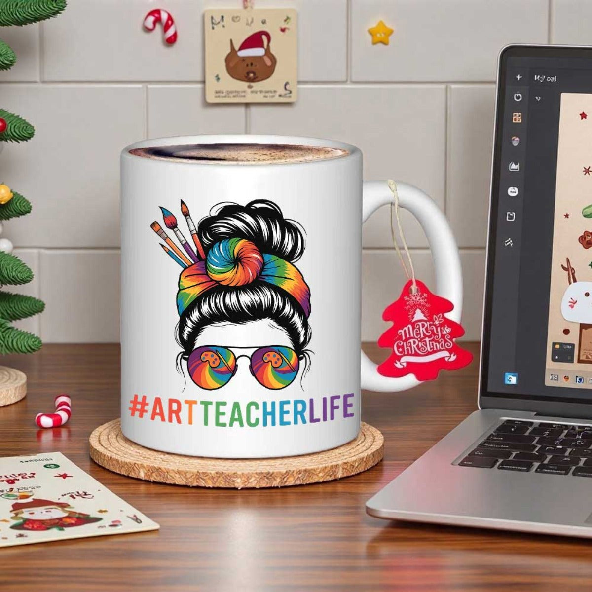 Tailorly White Ceramic 11 oz Mug - Art Teacher Life Vibrant Rainbow Tie Dye Pattern Featuring Paintbrushes And Stylish Sunglasses Messy Bun