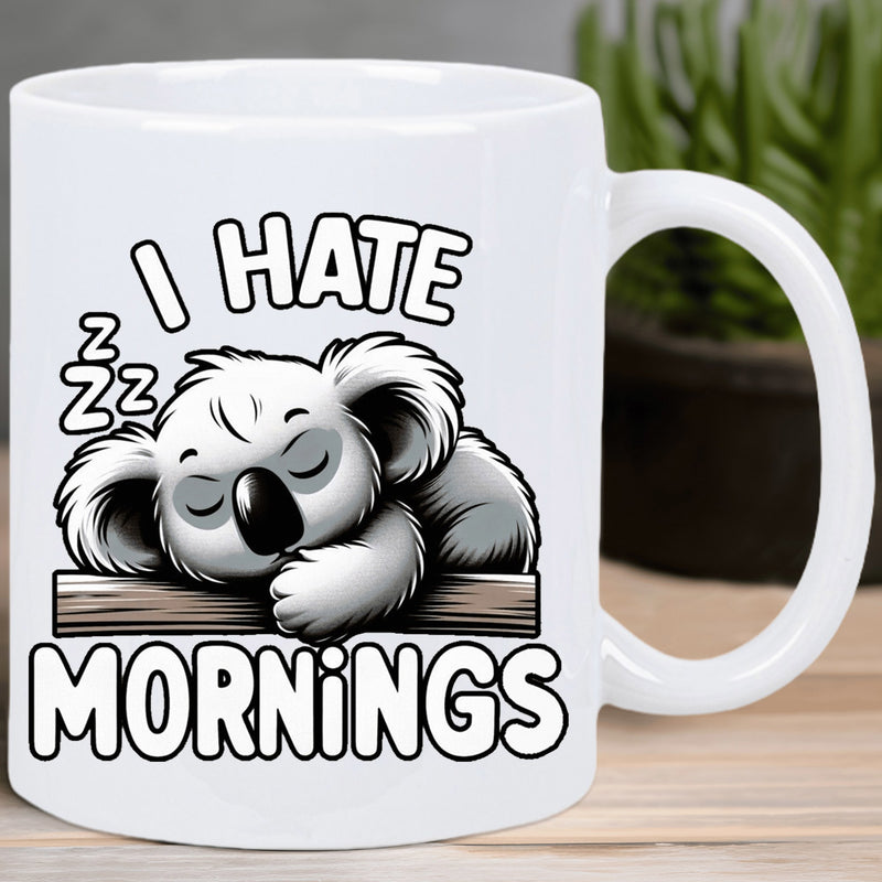 Tailorly White Ceramic 11 oz Mug - I Hate Mornings Peaceful Sleepy Koala Resting On A Textured Wooden Branch Koala