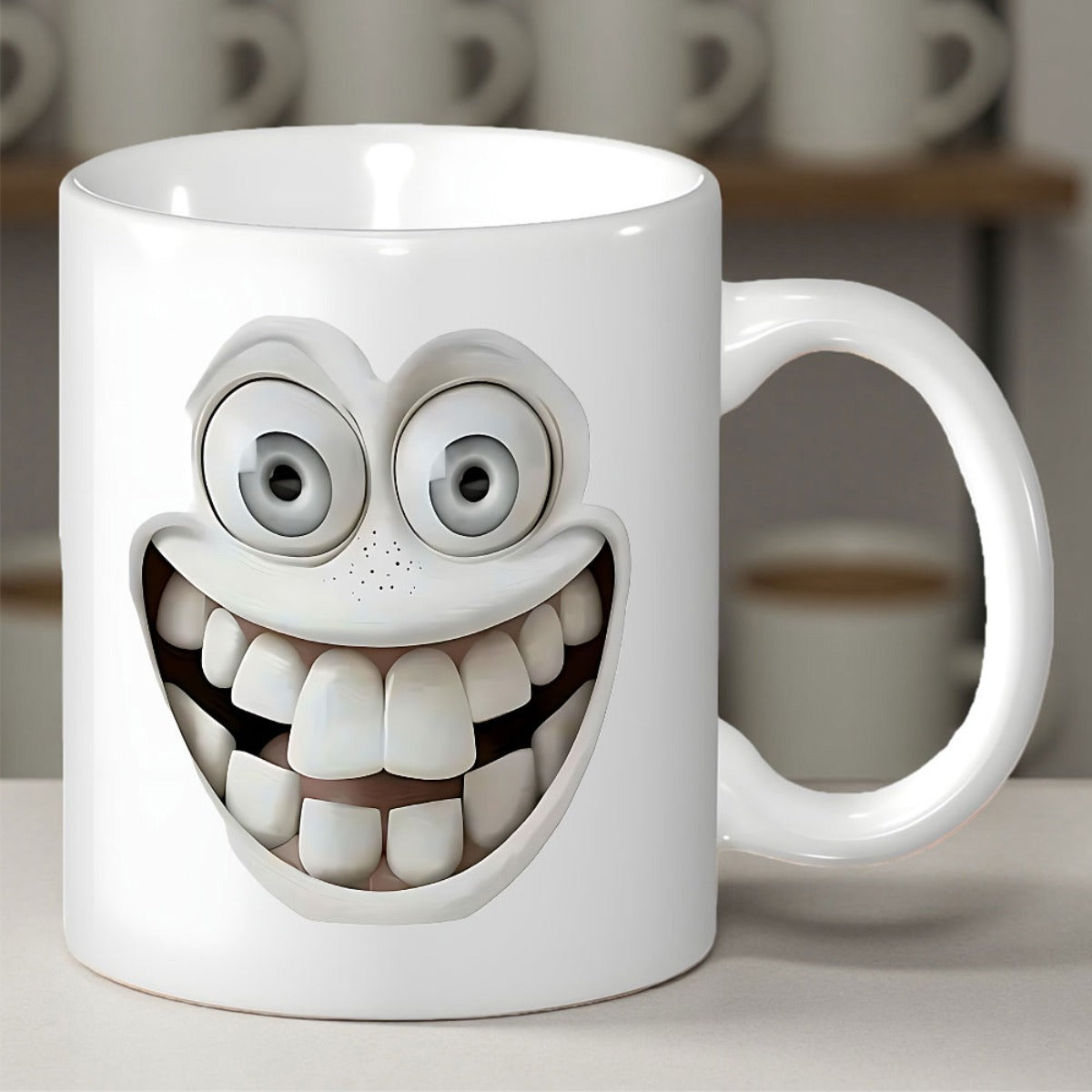 Tailorly White Ceramic 11 oz Mug - Humorous White 3D Illustration Of A Wide Grinning Expression Character Face