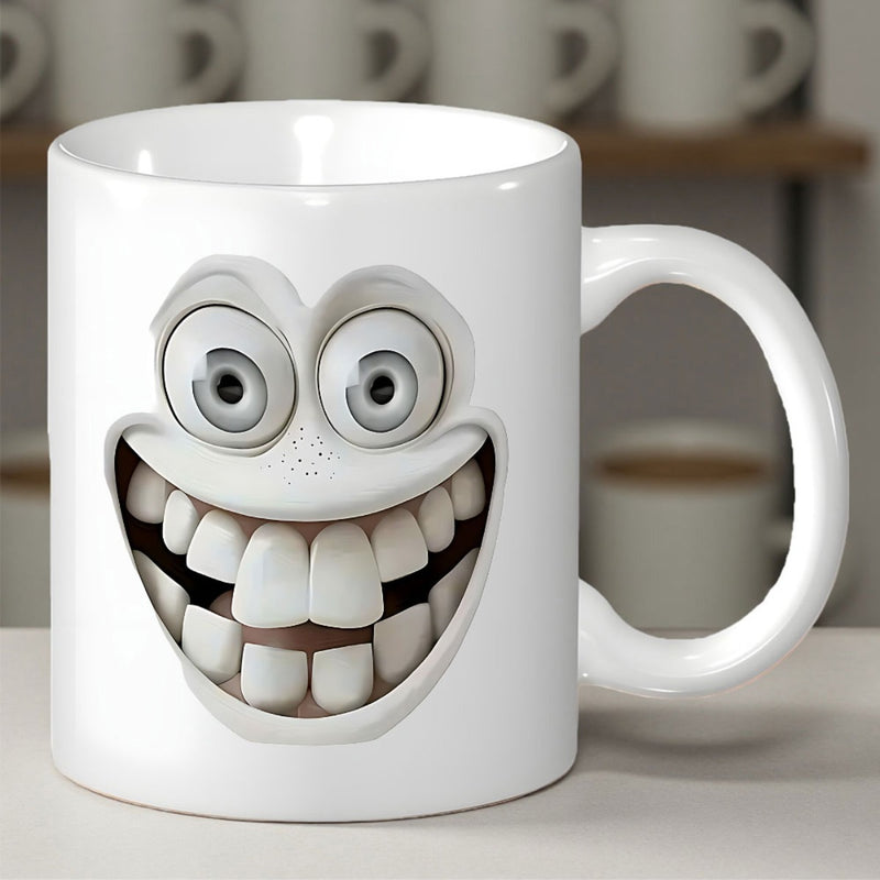 Tailorly White Ceramic 11 oz Mug - Humorous White 3D Illustration Of A Wide Grinning Expression Character Face