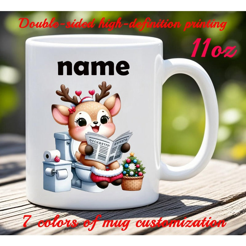 Tailorly White Ceramic 11 oz Mug - Name Cute Festive Reindeer Sitting On A Ceramic Toilet Reading The Newspaper Reindeer
