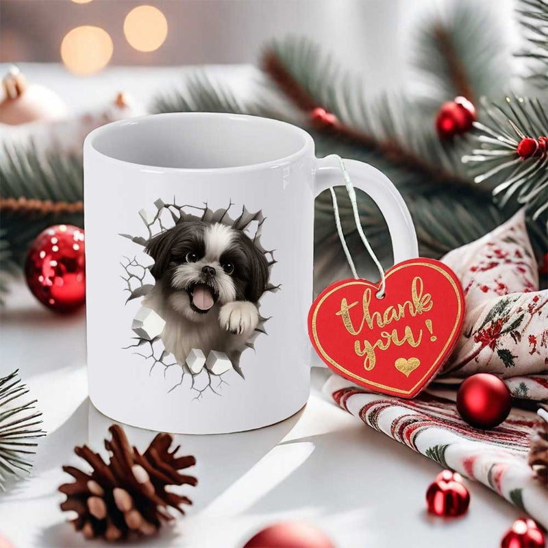 Tailorly White Ceramic 11 oz Mug - Thank You Playful Shih Tzu Breaking Through Cracked Effect On White Ceramic Puppy