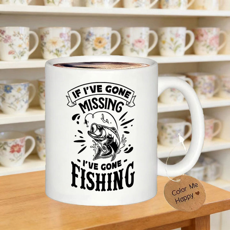Tailorly White Ceramic 11 oz Mug - If Ive Gone Missing Ive Gone Fishing Artistic Jumping Bass Surrounded By Splashing Water And Hook Fish