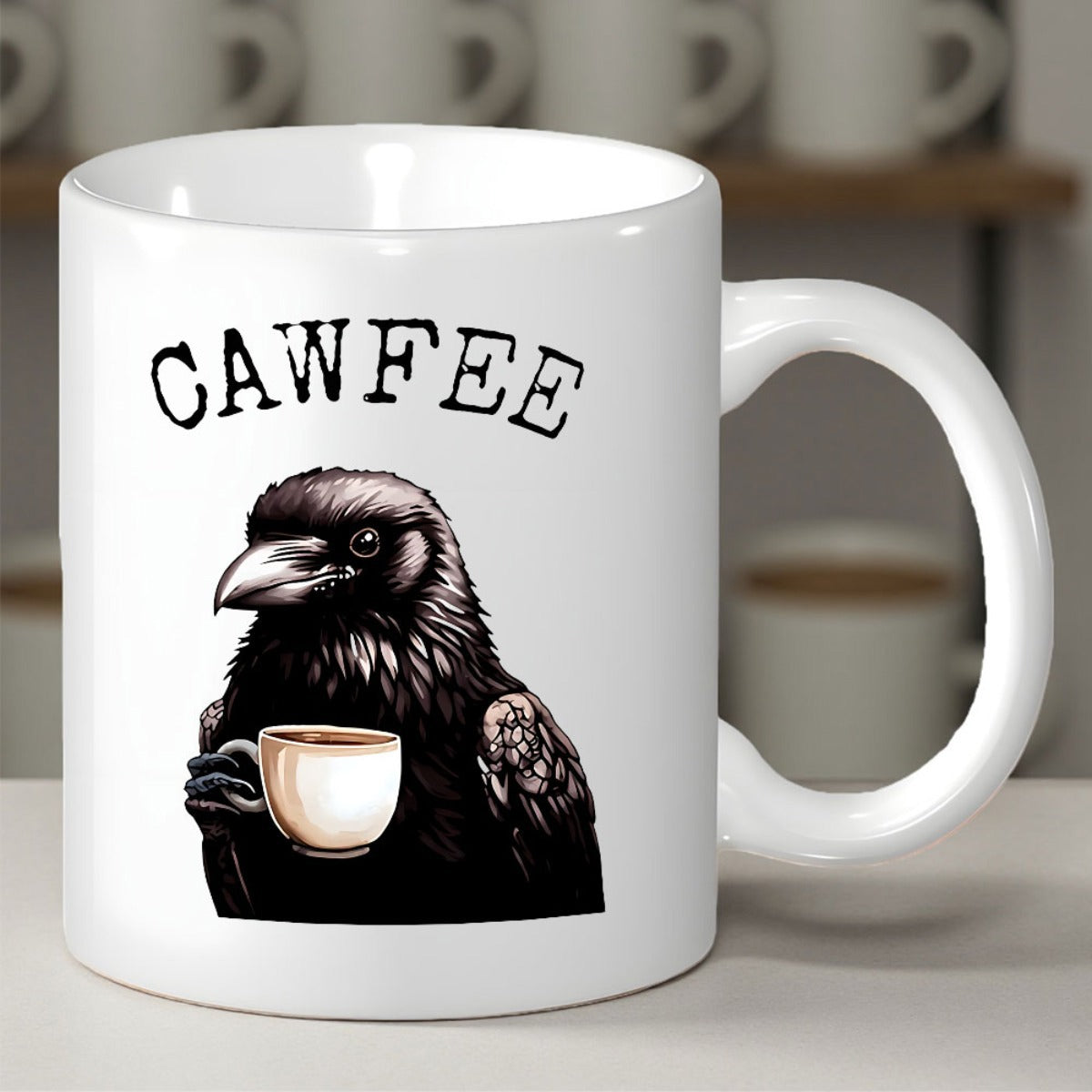 Tailorly White Ceramic 11 oz Mug - Cawfee Intelligent Black Raven Holding A Steaming Cup Of Fresh Morning Drink Crow