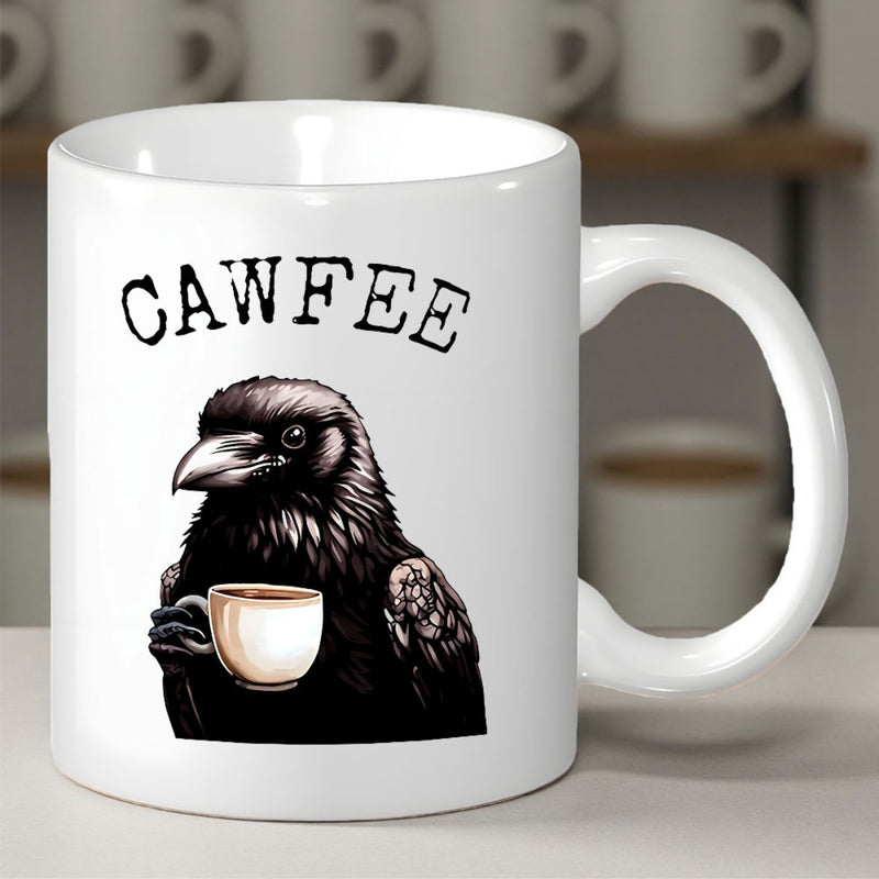 Tailorly White Ceramic 11 oz Mug - Cawfee Intelligent Black Raven Holding A Steaming Cup Of Fresh Morning Drink Crow
