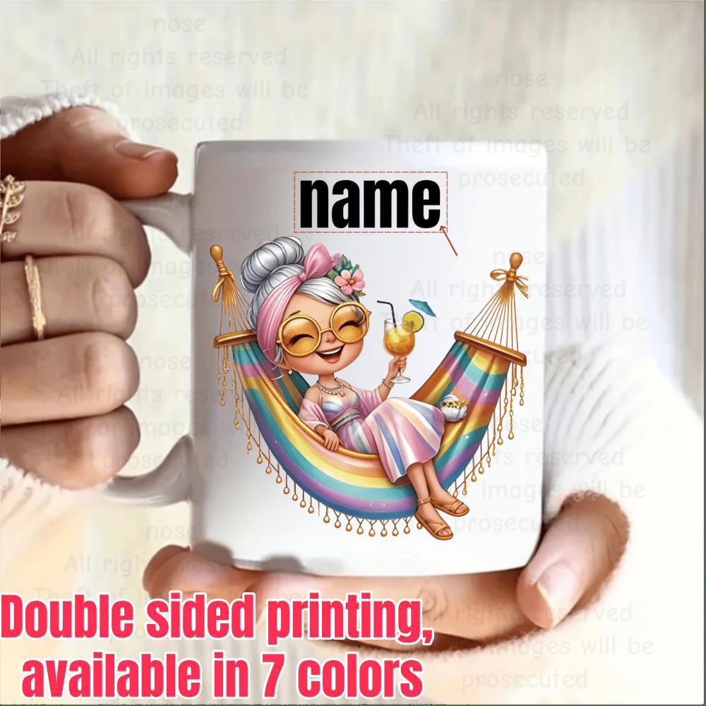 Tailorly White Ceramic 11 oz Mug - Name Charming Elderly Lady Relaxing In Rainbow Hammock Holding Tropical Cocktail Woman