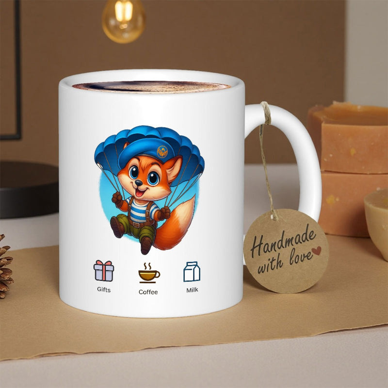 Tailorly White Ceramic 11 oz Mug - Gifts Coffee Milk Adorable Parachuting Fox Wearing Blue Beret Striped Shirt Under Parachute Fox