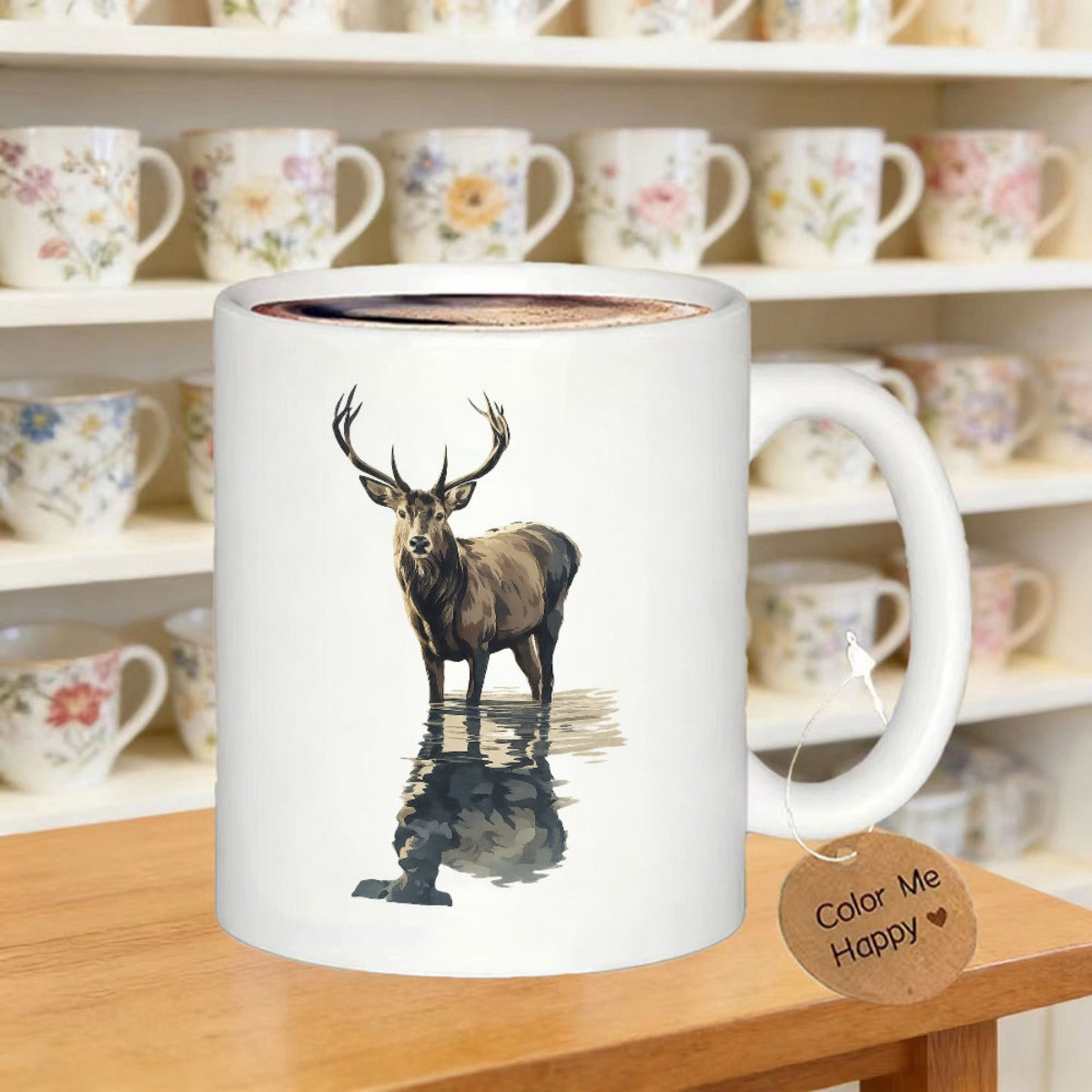 Tailorly White Ceramic 11 oz Mug - Majestic Wild Stag Standing In Still Water With Its Reflection Deer