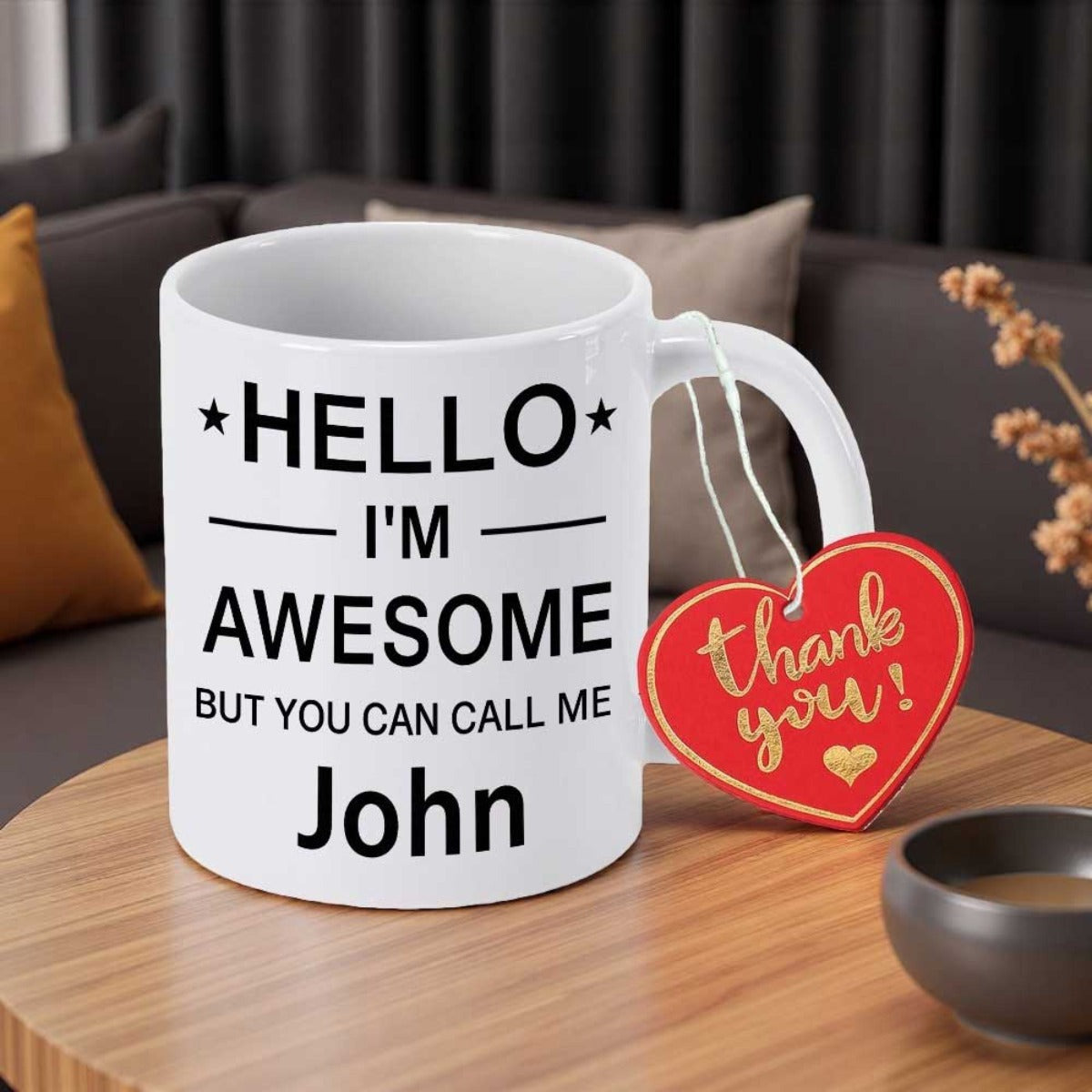 Tailorly White Ceramic 11 oz Mug - Hello Im Awesome But You Can Call Me John Minimalist Ceramic Surface Featuring Bold Typography With Small Star Accents Mug