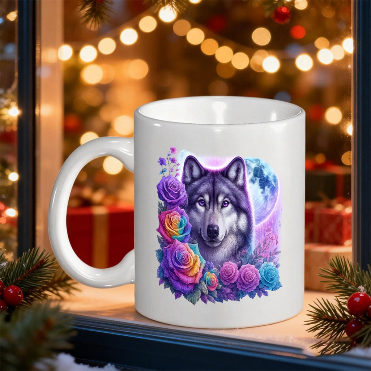 Tailorly White Ceramic 11 oz Mug - Majestic Grey Wolf Among Colorful Blooming Roses Under A Glowing Moon Wolf