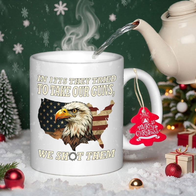 Tailorly White Ceramic 11 oz Mug - In 1775 They Tried To Take Our Guns We Shot Them American Flag Map Featuring Majestic Bald Eagle Head Representing Freedom Eagle