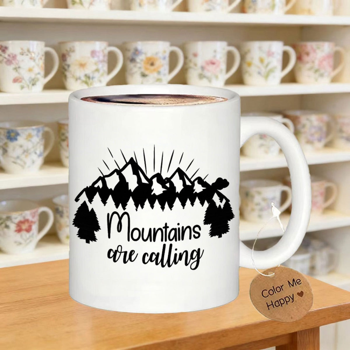 Tailorly White Ceramic 11 oz Mug - Mountains Are Calling Majestic Black Peaks With Sun Rays Over Dense Pine Trees Mountain