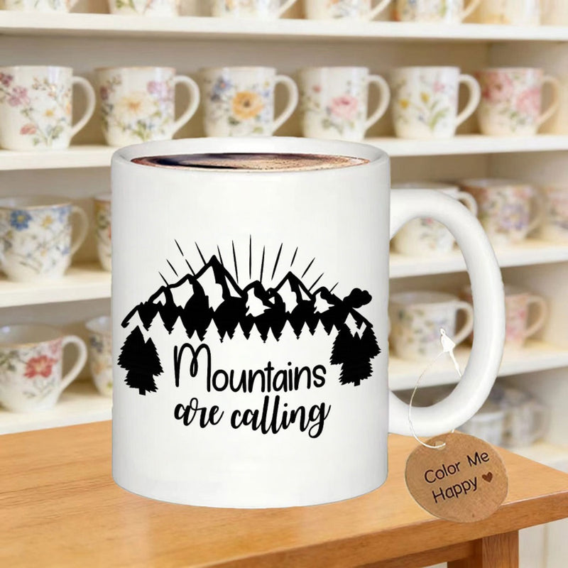 Tailorly White Ceramic 11 oz Mug - Mountains Are Calling Majestic Black Peaks With Sun Rays Over Dense Pine Trees Mountain