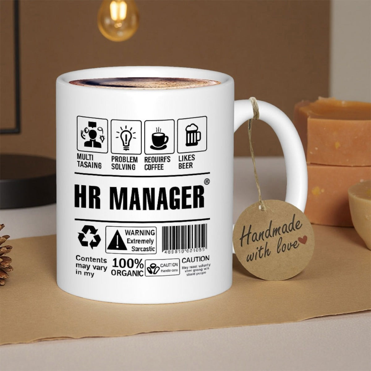 Tailorly White Ceramic 11 oz Mug - HR Manager Warning Extremely Sarcastic Monochrome Minimalist Product Label Design Featuring Functional Workplace Icons And