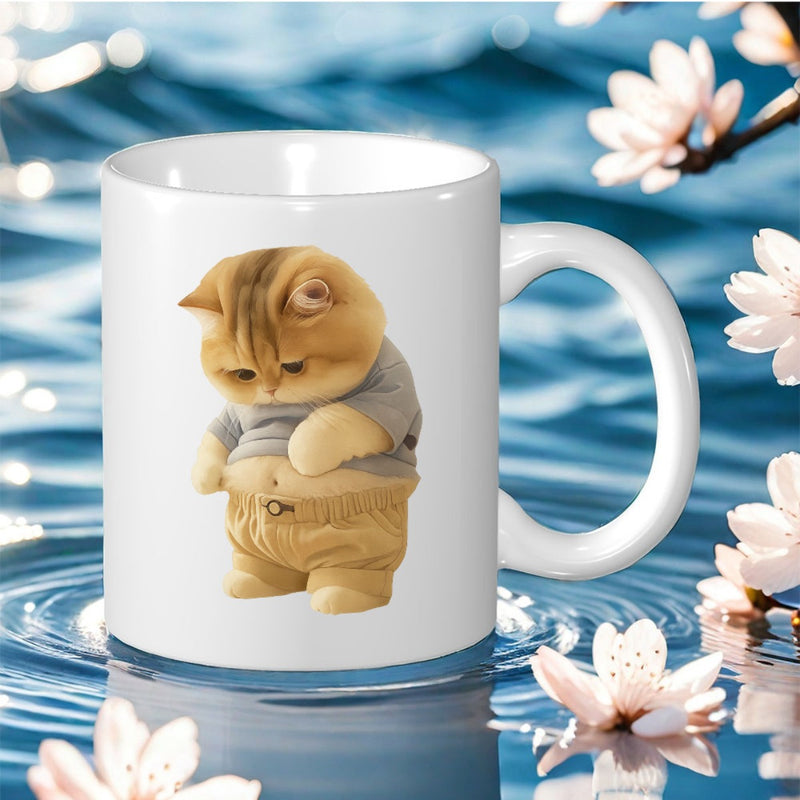 Tailorly White Ceramic 11 oz Mug - Cute Chubby Orange Cat Wearing Clothes Standing On Ceramic Cat