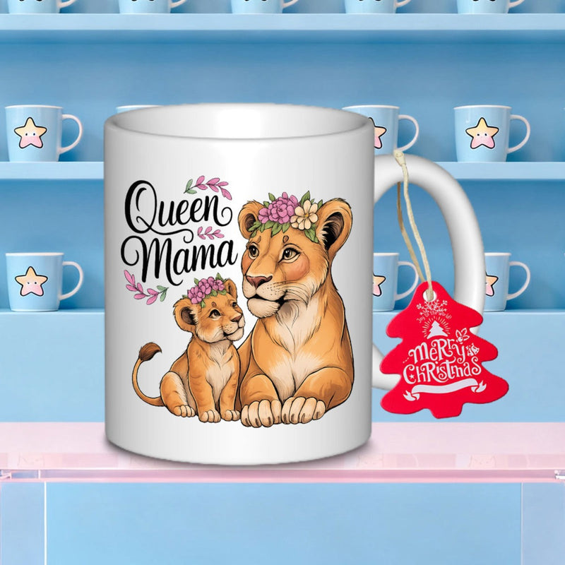 Tailorly White Ceramic 11 oz Mug - Queen Mama Gentle Lioness And Cub Wearing Beautiful Flower Crowns Resting Lion