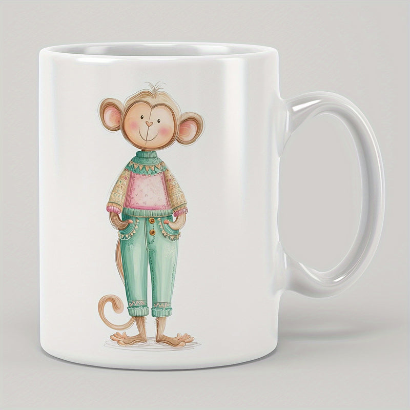Tailorly White Ceramic 11 oz Mug - Adorable Little Cartoon Character Wearing Pink Sweater And Green Trousers Monkey