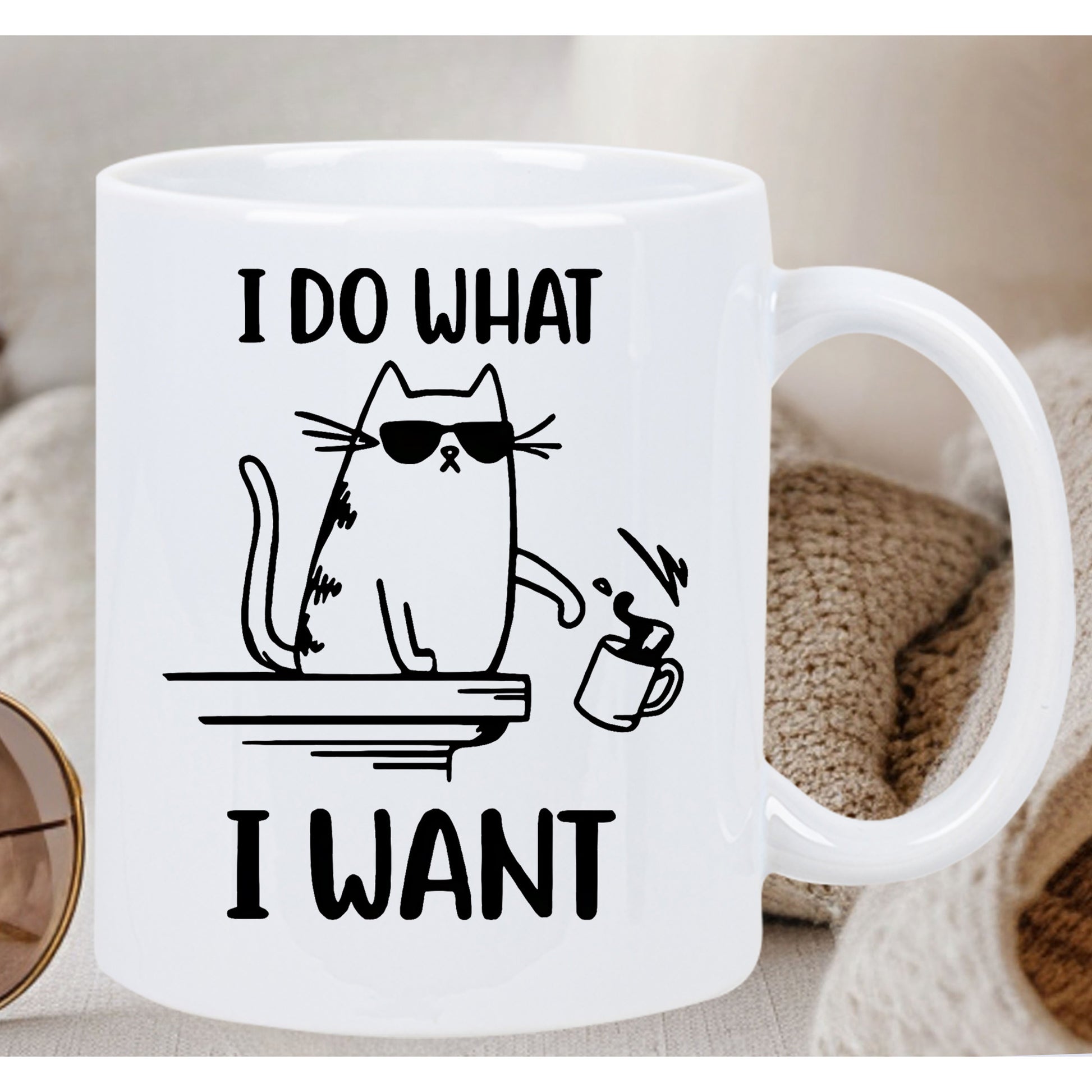 Tailorly White Ceramic 11 oz Mug - I Do What I Want Funny Cartoon Cat With Sunglasses Pushing A Small Cup Off Ledge Cat