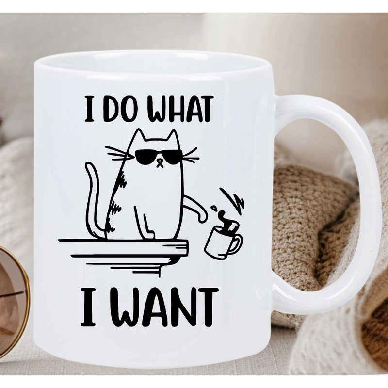 Tailorly White Ceramic 11 oz Mug - I Do What I Want Funny Cartoon Cat With Sunglasses Pushing A Small Cup Off Ledge Cat