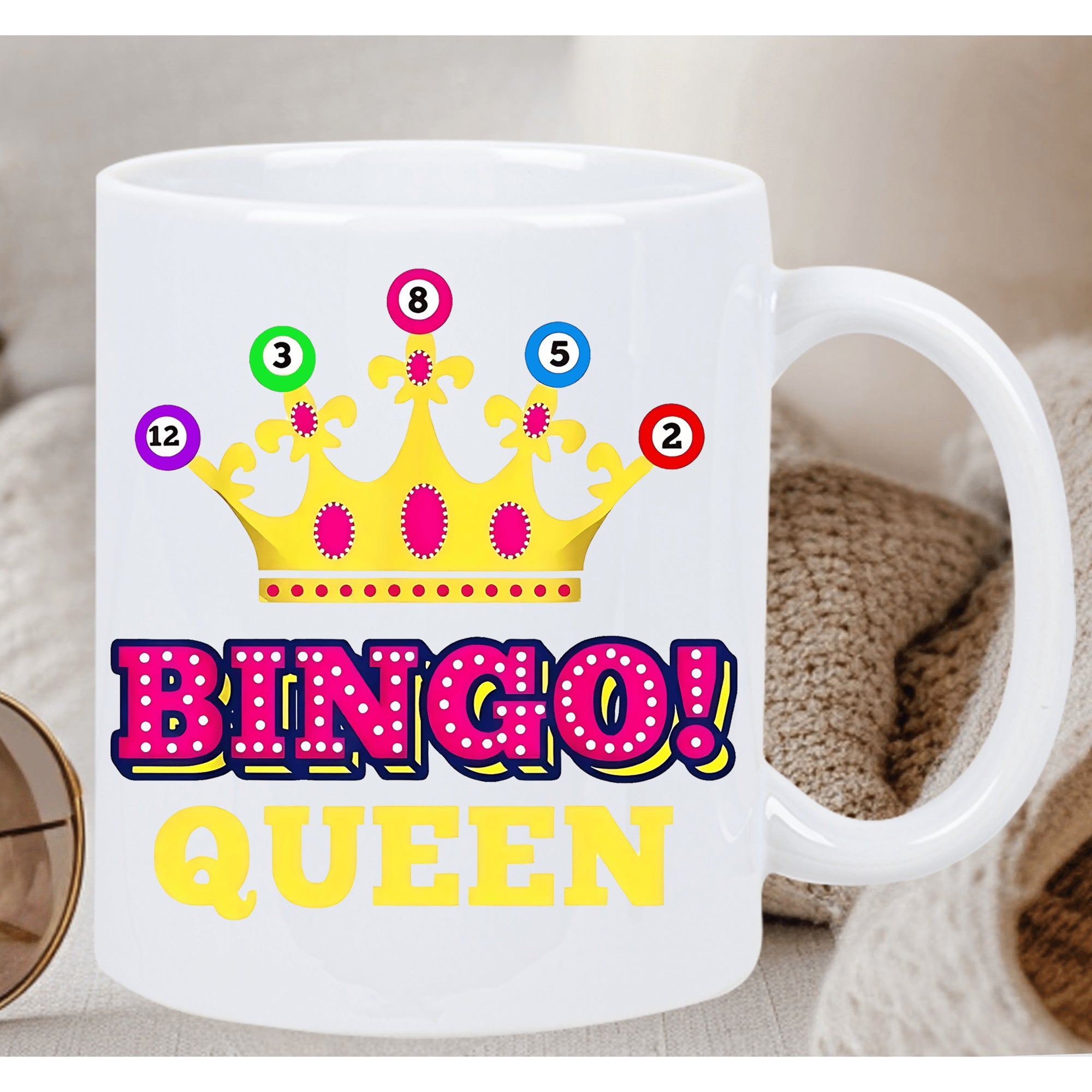Tailorly White Ceramic 11 oz Mug - Bingo Queen Vibrant Golden Crown Decorated With Colorful Numbered Balls And Marquee Style Text Crown