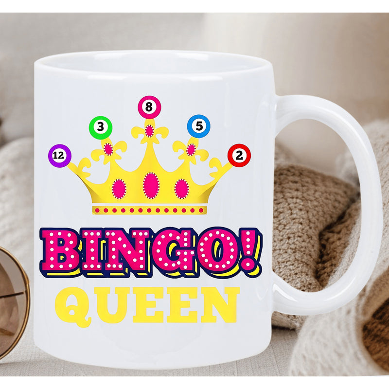 Tailorly White Ceramic 11 oz Mug - Bingo Queen Vibrant Golden Crown Decorated With Colorful Numbered Balls And Marquee Style Text Crown