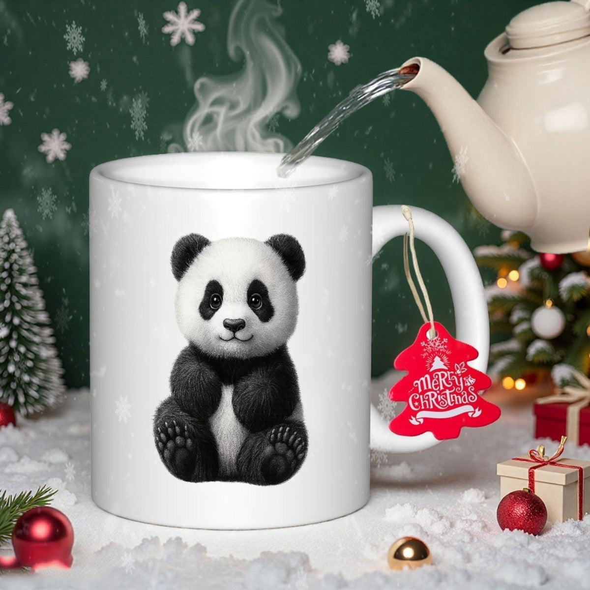 Tailorly White Ceramic 11 oz Mug - Merry Christmas Adorable Fluffy Black And White Baby Animal Sitting In Calm Pose Panda