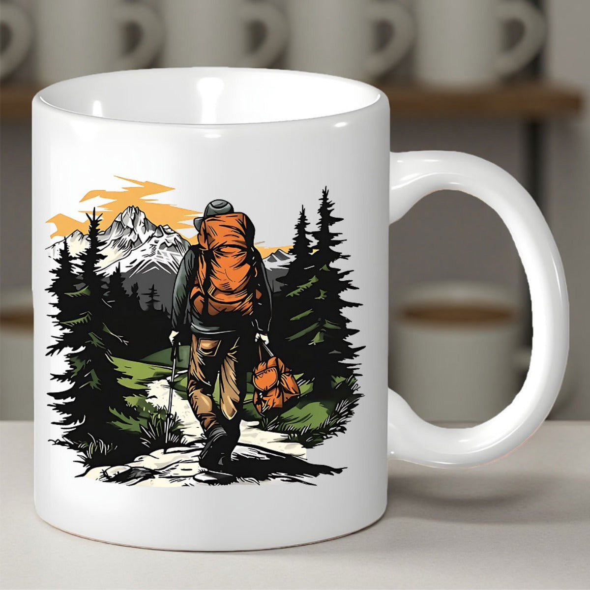 Tailorly White Ceramic 11 oz Mug - Adventure Seeker With Large Orange Backpack Hiking Through Evergreen Mountain Wilderness Hiker