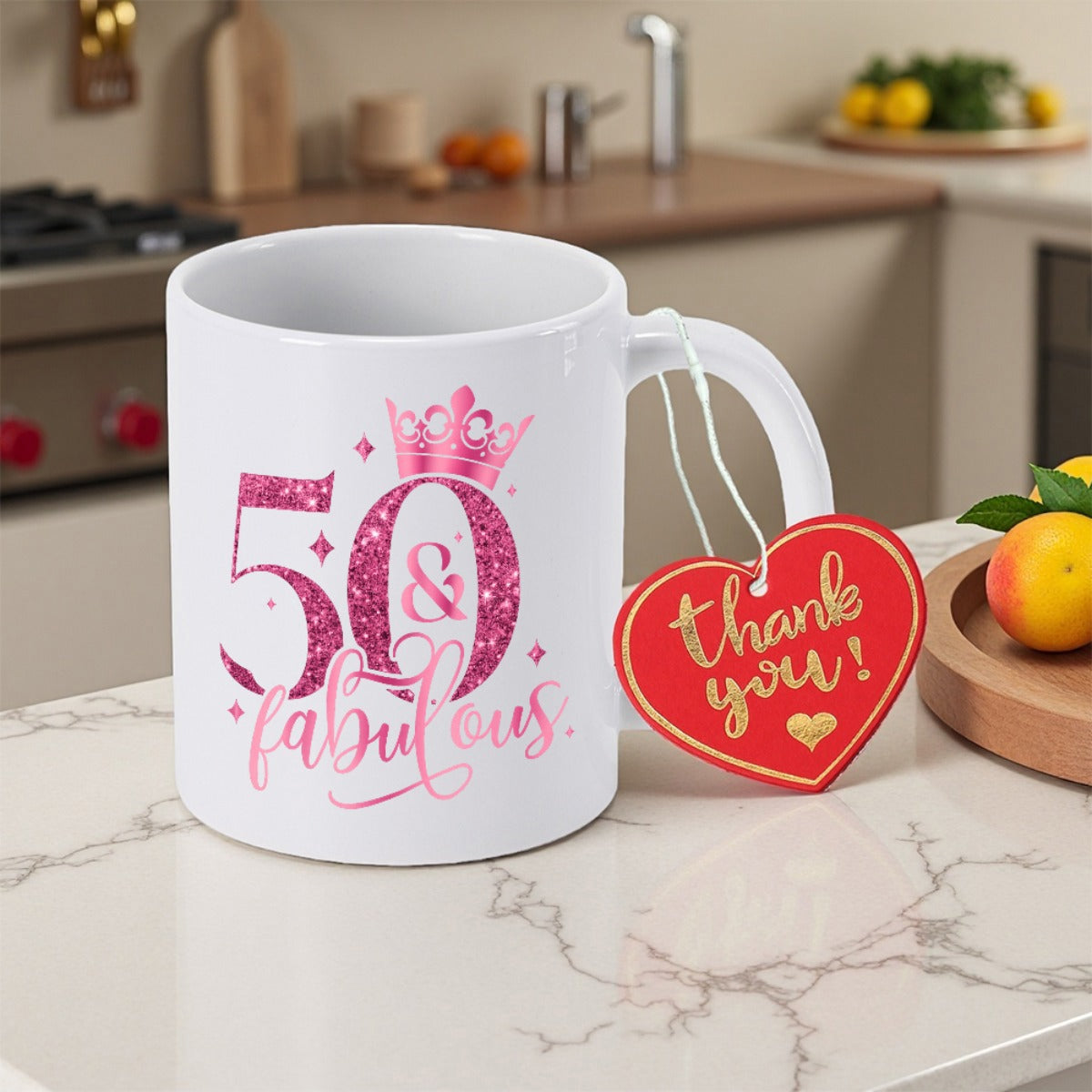 Tailorly White Ceramic 11 oz Mug - Fifty Fabulous Thank You Sparkling Pink Glitter Numbers Featuring Elegant Crown And Delicate Stars Mug