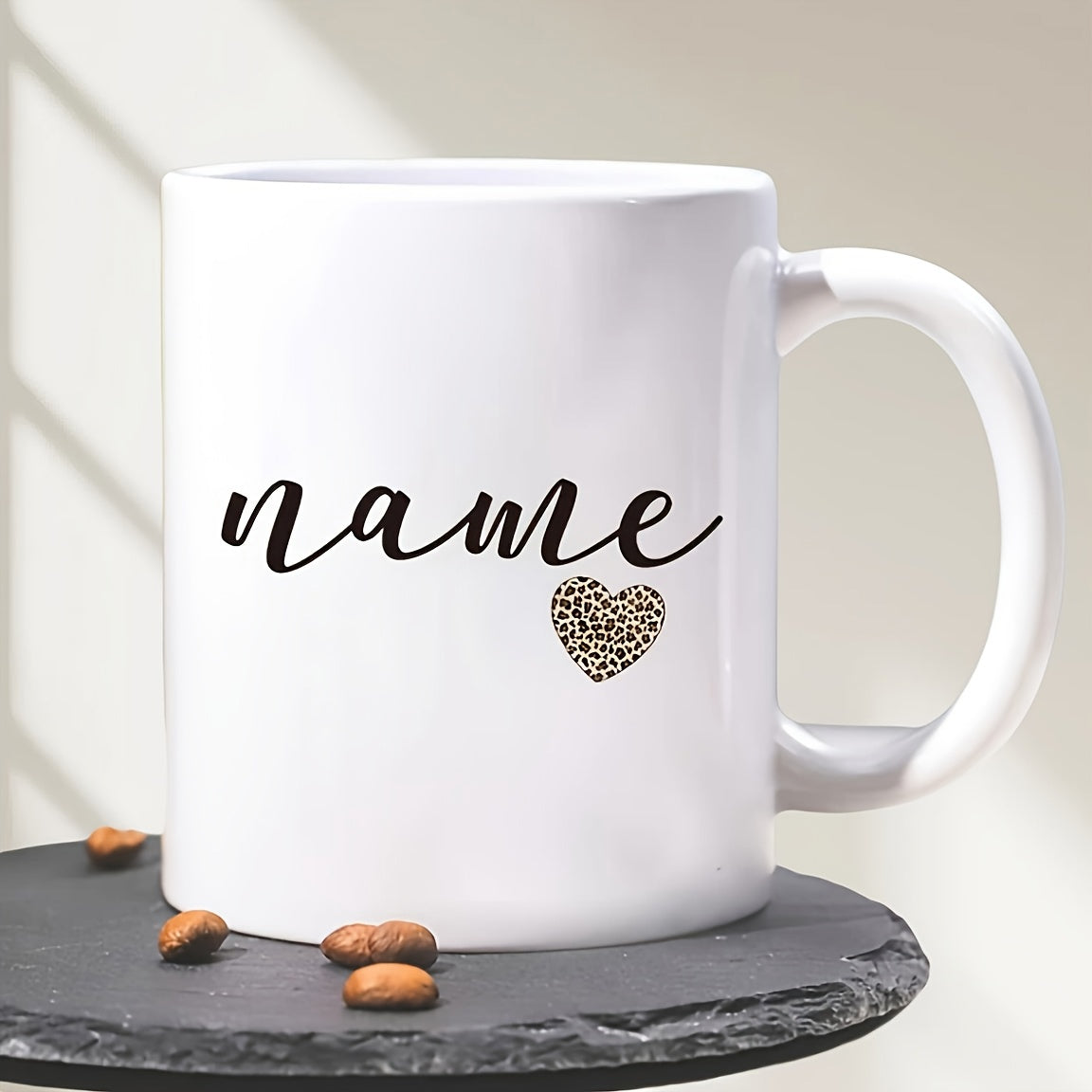 Tailorly White Ceramic 11 oz Mug - Name Minimalist Script Style Featuring A Leopard Print Patterned Small Heart