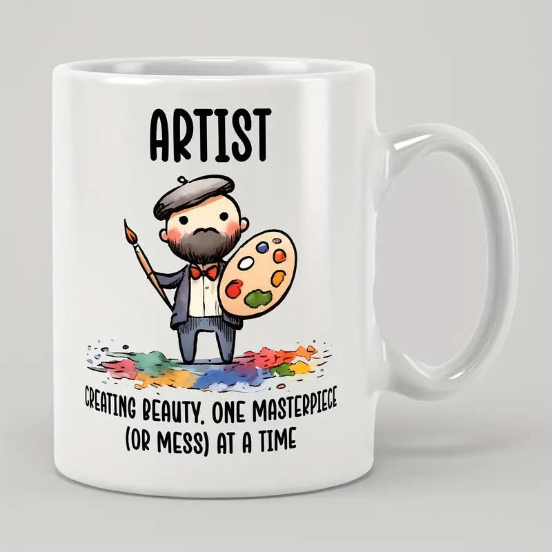 Tailorly White Ceramic 11 oz Mug - Artist Creating Beauty One Masterpiece Or Mess At A Time Charming Cartoon Painter Holding Palette Amidst Vibrant Colorful
