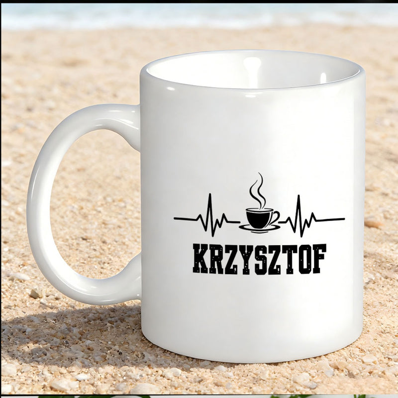 Tailorly White Ceramic 11 oz Mug - Krzysztof Minimalist Heartbeat Line Graphic Featuring A Small Steaming Coffee Cup