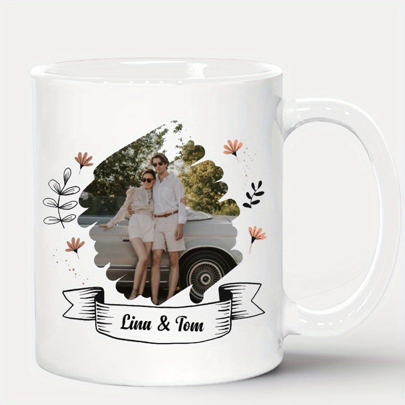 Tailorly White Ceramic 11 oz Mug - Lina Tom Romantic Couple Standing Next To Classic Car Surrounded By Flowers Mug