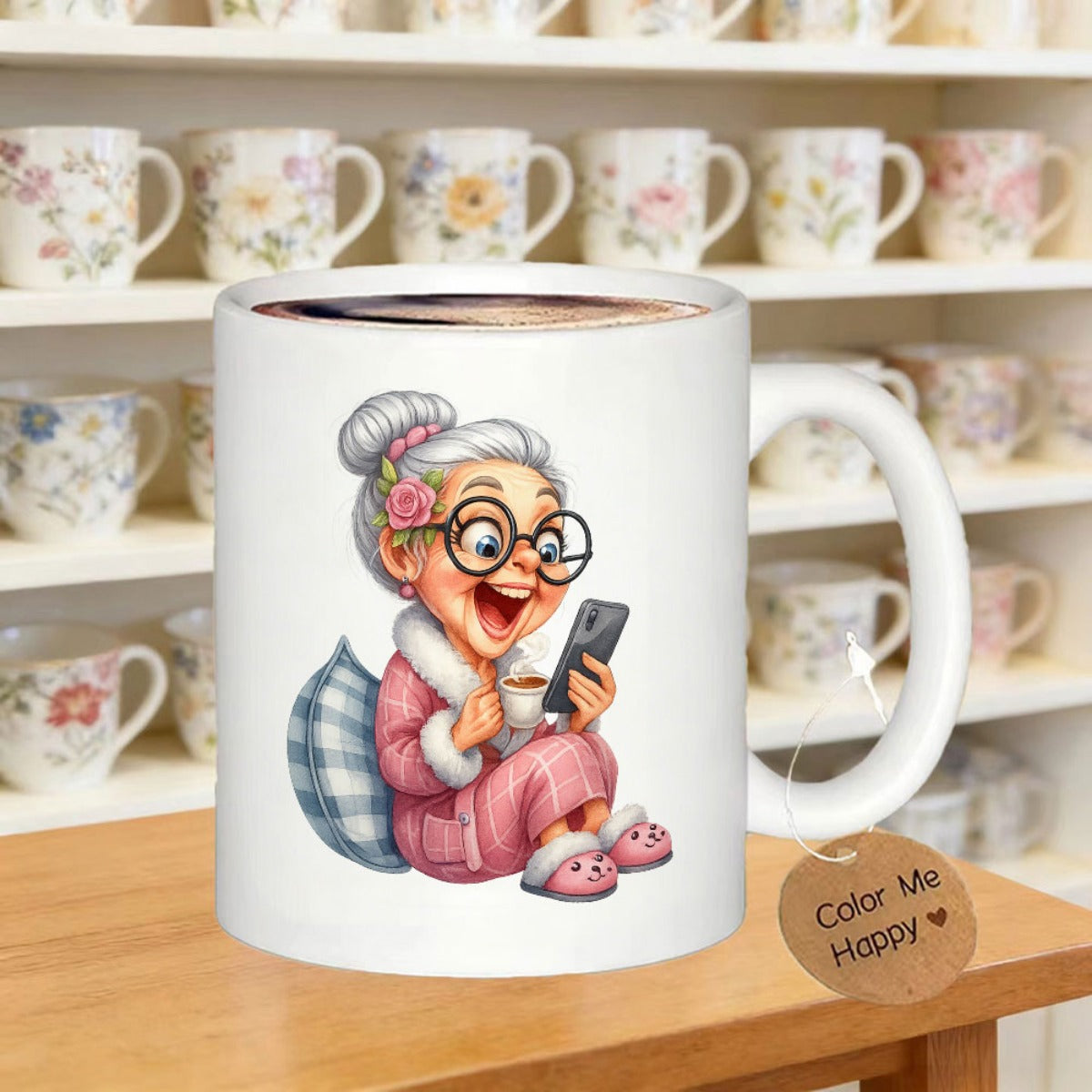 Tailorly White Ceramic 11 oz Mug - Color Me Happy Cheerful Elderly Lady Wearing Pink Pajamas Using Smartphone And Sipping Coffee Grandmother